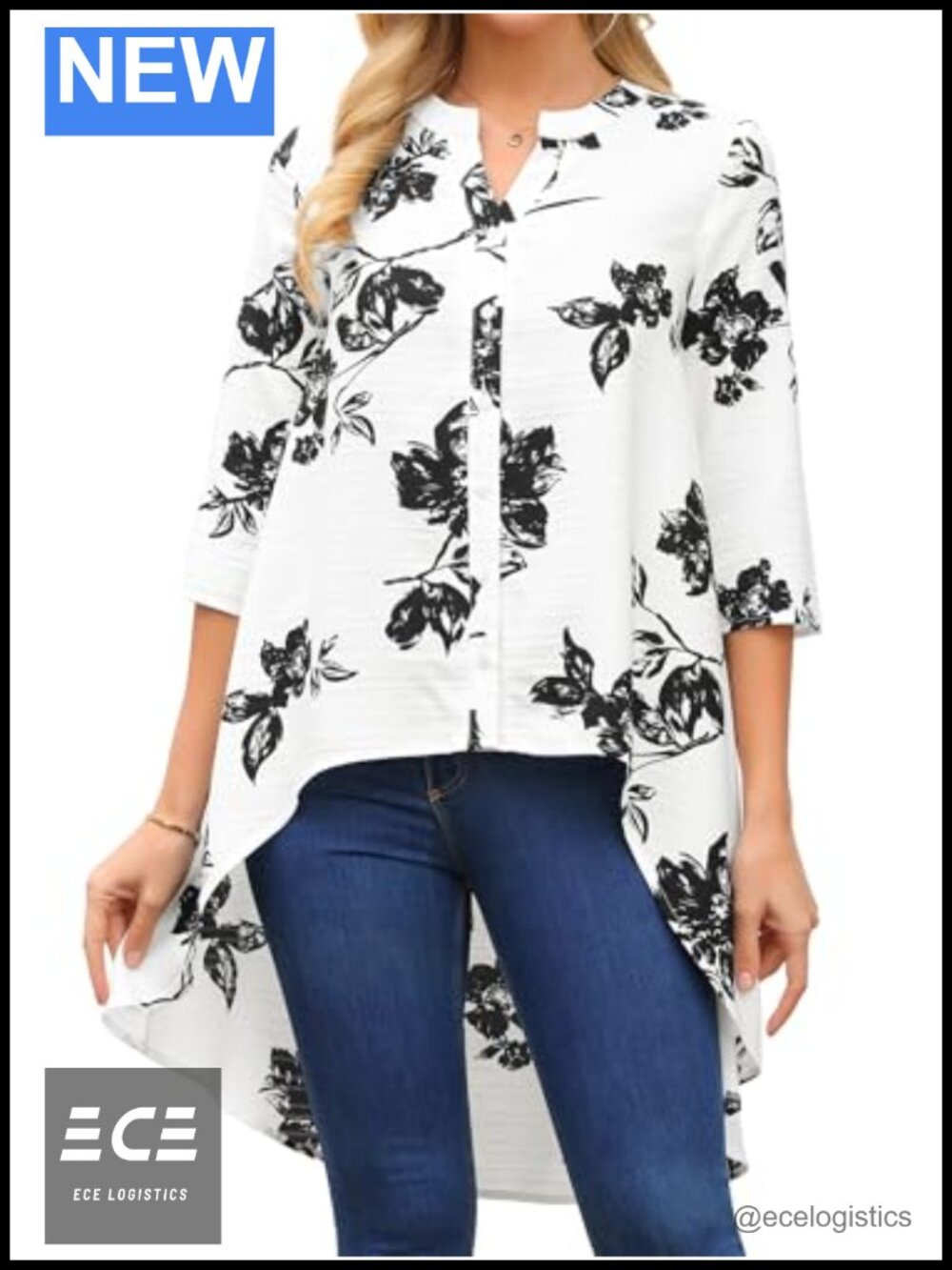 Women's High Low Floral Blouse 3/4 Sleeve V Neck Loose Fit Top